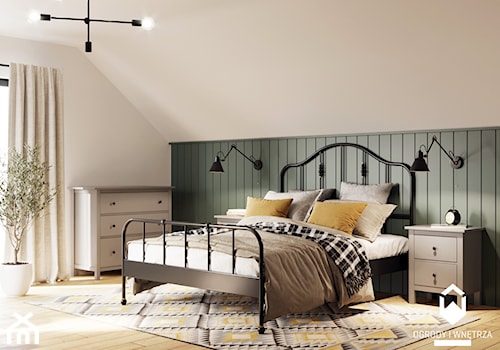 Duża sypialnia na poddaszu w stylu skandynawskim. - Średnia biała zielona z panelami tapicerowanymi sypialnia, styl rustykalny - zdjęcie od KAROLINA POPIEL - ARCHITEKTURA WNĘTRZ