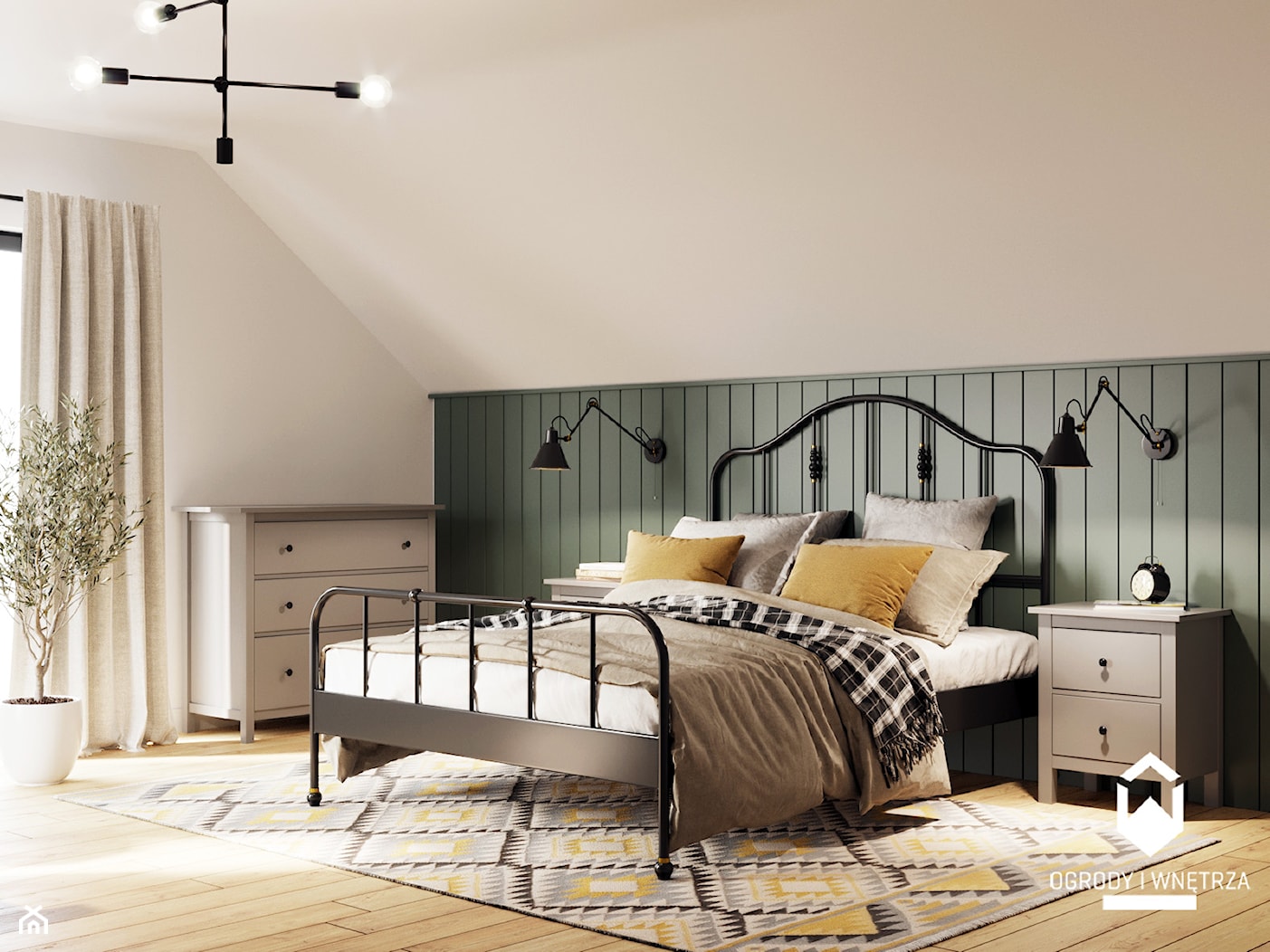 Duża sypialnia na poddaszu w stylu skandynawskim. - Średnia biała zielona z panelami tapicerowanymi sypialnia, styl rustykalny - zdjęcie od KAROLINA POPIEL - ARCHITEKTURA WNĘTRZ - Homebook