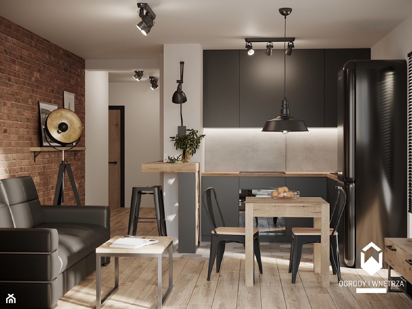 Salon z czarnym aneksem kuchennym i cegiełką - zdjęcie od KAROLINA POPIEL - ARCHITEKTURA WNĘTRZ - Homebook