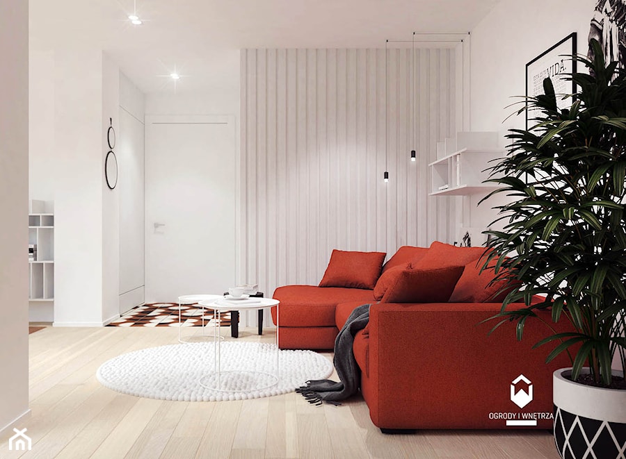 Mieszkanie z czerwonym akcentem - Mały biały salon, styl skandynawski - zdjęcie od KAROLINA POPIEL - ARCHITEKTURA WNĘTRZ