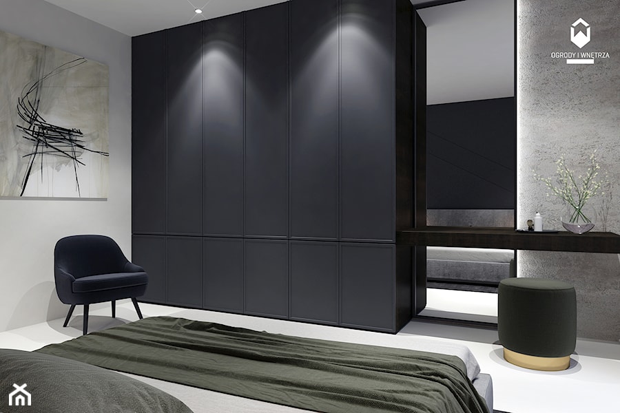 APARTAMENT Z WIDOKIEM NA WISŁĘ - Średnia czarna szara sypialnia, styl nowoczesny - zdjęcie od KAROLINA POPIEL - ARCHITEKTURA WNĘTRZ