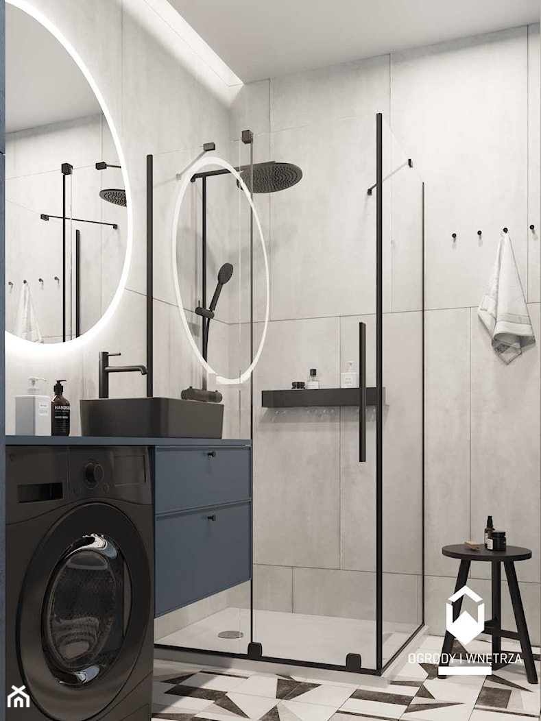 Łazienka z prysznicem i pralką z granatowymi akcentami. - zdjęcie od KAROLINA POPIEL - ARCHITEKTURA WNĘTRZ - Homebook