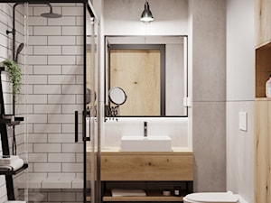 Biało- szara łazienka z drewnem - zdjęcie od KAROLINA POPIEL - ARCHITEKTURA WNĘTRZ