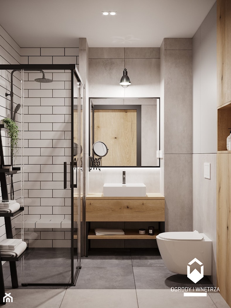 Biało- szara łazienka z drewnem - zdjęcie od KAROLINA POPIEL - ARCHITEKTURA WNĘTRZ - Homebook