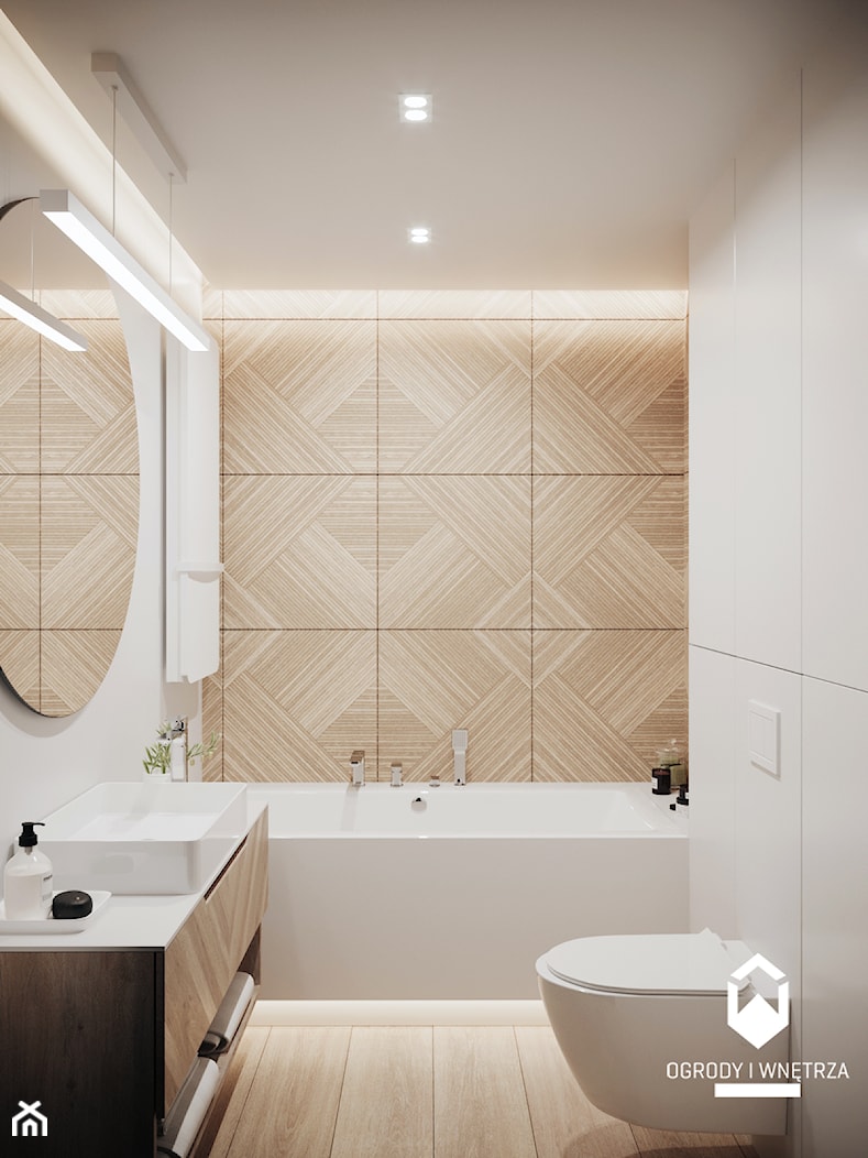 Biała łazienka z drewnem - zdjęcie od KAROLINA POPIEL - ARCHITEKTURA WNĘTRZ - Homebook