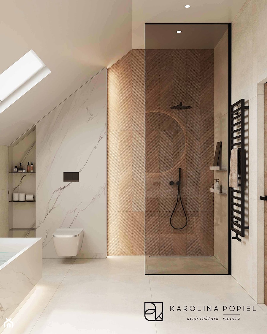 Duża łazienka na poddaszu z prysznicem i wanną - zdjęcie od KAROLINA POPIEL - ARCHITEKTURA WNĘTRZ