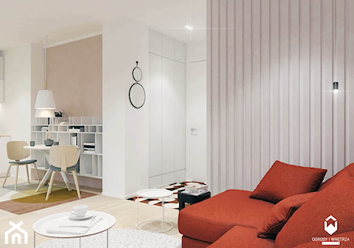 Mieszkanie z czerwonym akcentem - Mały szary salon z jadalnią, styl skandynawski - zdjęcie od KAROLINA POPIEL - ARCHITEKTURA WNĘTRZ