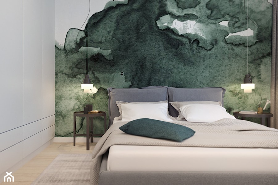 Elegancka sypialnia - Mała szara zielona sypialnia, styl nowoczesny - zdjęcie od KAROLINA POPIEL - ARCHITEKTURA WNĘTRZ
