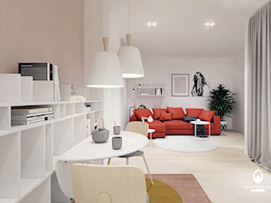 Mieszkanie z czerwonym akcentem - Średni beżowy biały salon z jadalnią z tarasem / balkonem z bibiloteczką, styl skandynawski - zdjęcie od KAROLINA POPIEL - ARCHITEKTURA WNĘTRZ