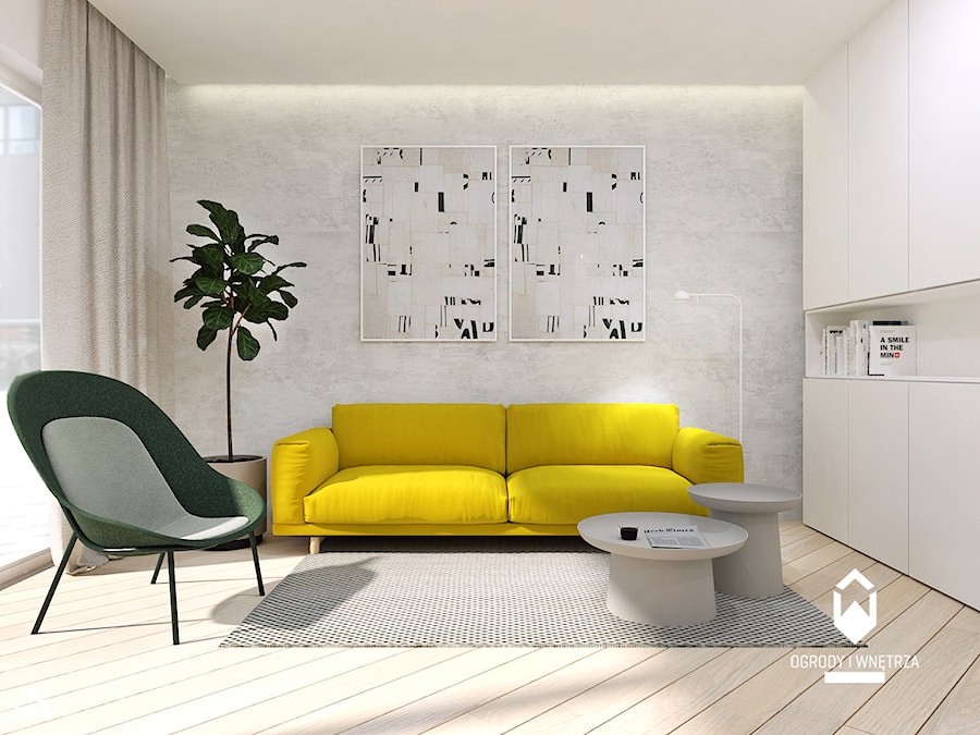 Salon z żółtą sofą i tynkiem strukturalnym na ścianie - zdjęcie od KAROLINA POPIEL - ARCHITEKTURA WNĘTRZ