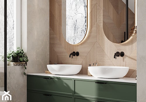 łazienka z zielonym akcentem - Średnia z lustrem z dwoma umywalkami z punktowym oświetleniem łazienka z oknem, styl nowoczesny - zdjęcie od KAROLINA POPIEL - ARCHITEKTURA WNĘTRZ