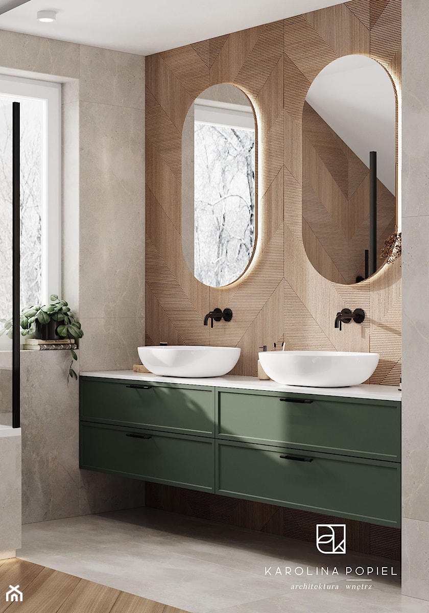 łazienka z zielonym akcentem - Średnia z lustrem z dwoma umywalkami z punktowym oświetleniem łazienka z oknem, styl nowoczesny - zdjęcie od KAROLINA POPIEL - ARCHITEKTURA WNĘTRZ