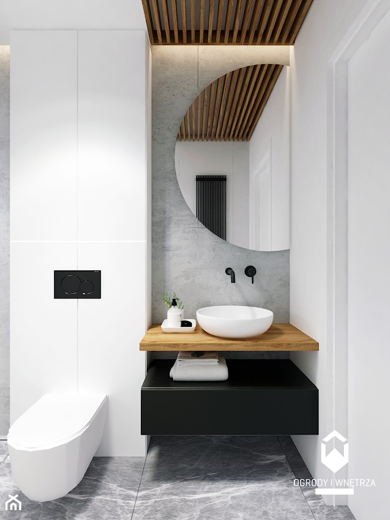 Łazienka z półokrągłym lustrem - zdjęcie od KAROLINA POPIEL - ARCHITEKTURA WNĘTRZ - Homebook