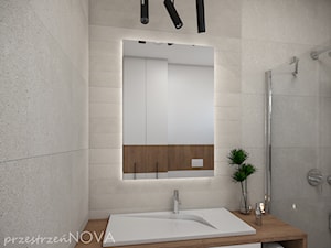 Mała łazienka z prysznicem -beż, biel oraz czarne akcenty - Mała bez okna z lustrem łazienka, styl skandynawski - zdjęcie od przestrzeńNOVA