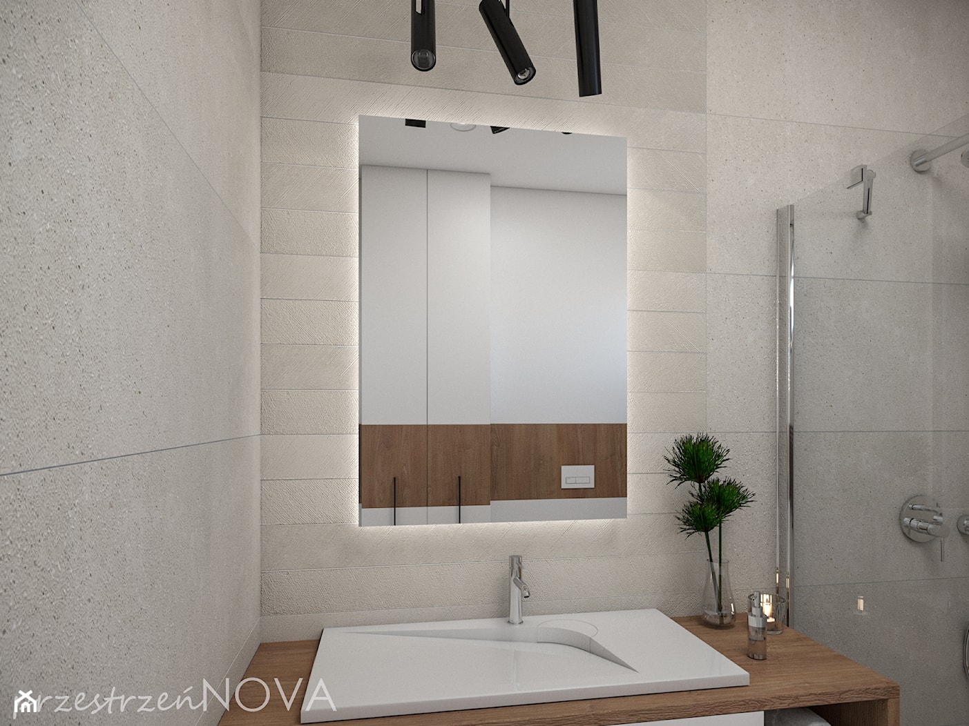 Mała łazienka z prysznicem -beż, biel oraz czarne akcenty - Mała bez okna z lustrem łazienka, styl skandynawski - zdjęcie od przestrzeńNOVA - Homebook