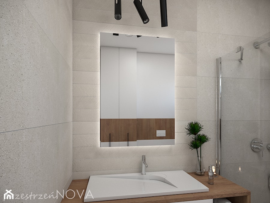 Mała łazienka z prysznicem -beż, biel oraz czarne akcenty - Mała bez okna z lustrem łazienka, styl skandynawski - zdjęcie od przestrzeńNOVA