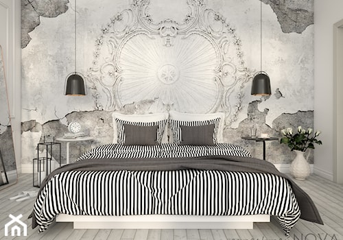 Jasna sypialnia z tapetą - Średnia biała sypialnia, styl nowoczesny - zdjęcie od przestrzeńNOVA