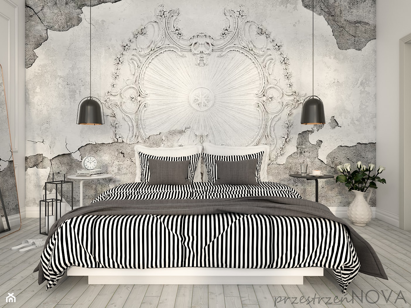 Jasna sypialnia z tapetą - Średnia biała sypialnia, styl nowoczesny - zdjęcie od przestrzeńNOVA - Homebook