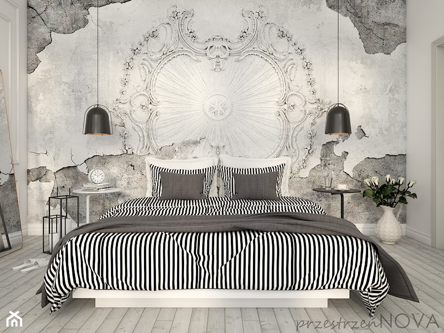 Jasna sypialnia z tapetą - Średnia biała sypialnia, styl nowoczesny - zdjęcie od przestrzeńNOVA