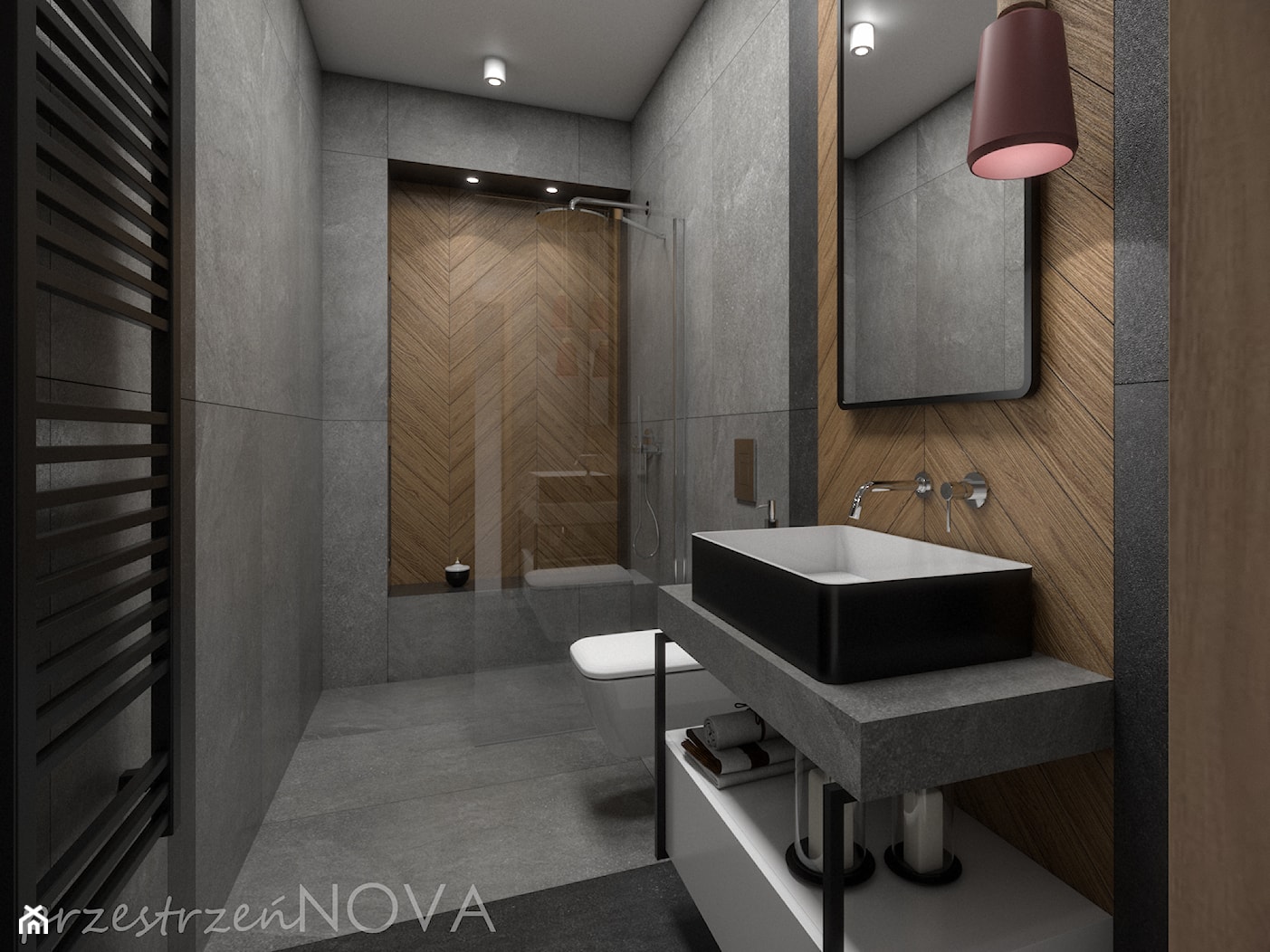 Wąska łazienka z prysznicem walk-in - Średnia bez okna łazienka, styl industrialny - zdjęcie od przestrzeńNOVA - Homebook