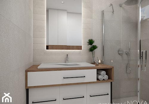 Mała łazienka z prysznicem -beż, biel oraz czarne akcenty - Średnia z punktowym oświetleniem łazienka z oknem, styl skandynawski - zdjęcie od przestrzeńNOVA