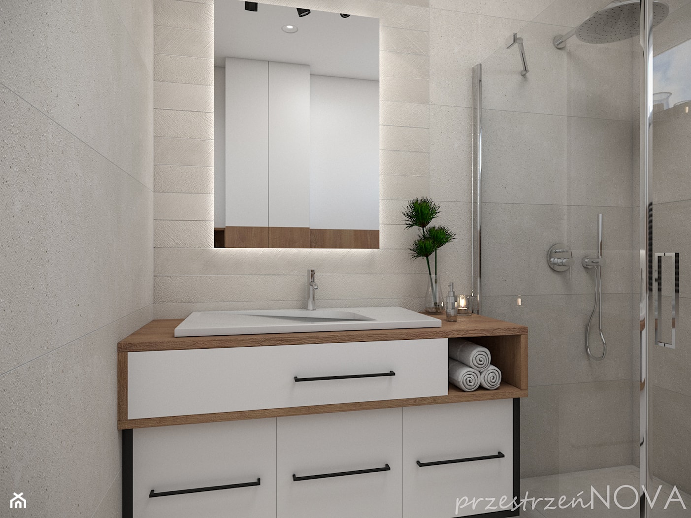 Mała łazienka z prysznicem -beż, biel oraz czarne akcenty - Średnia z punktowym oświetleniem łazienka z oknem, styl skandynawski - zdjęcie od przestrzeńNOVA - Homebook
