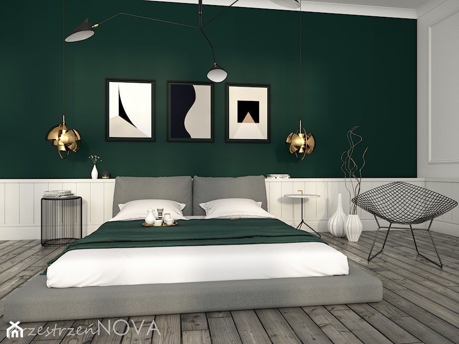Szmaragdowa zieleń i złoto - Średnia biała zielona sypialnia, styl nowoczesny - zdjęcie od przestrzeńNOVA