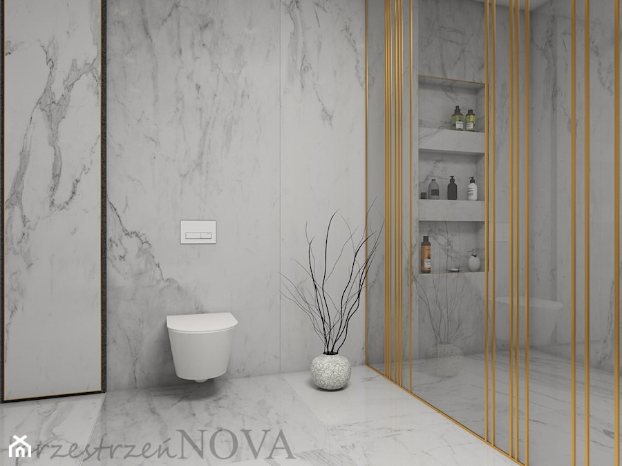 ŁAZIENKA DLA DWOJGA - Mała bez okna z marmurową podłogą łazienka, styl nowoczesny - zdjęcie od przestrzeńNOVA