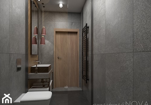 Wąska łazienka z prysznicem walk-in - Średnia bez okna z lustrem z punktowym oświetleniem łazienka, styl industrialny - zdjęcie od przestrzeńNOVA