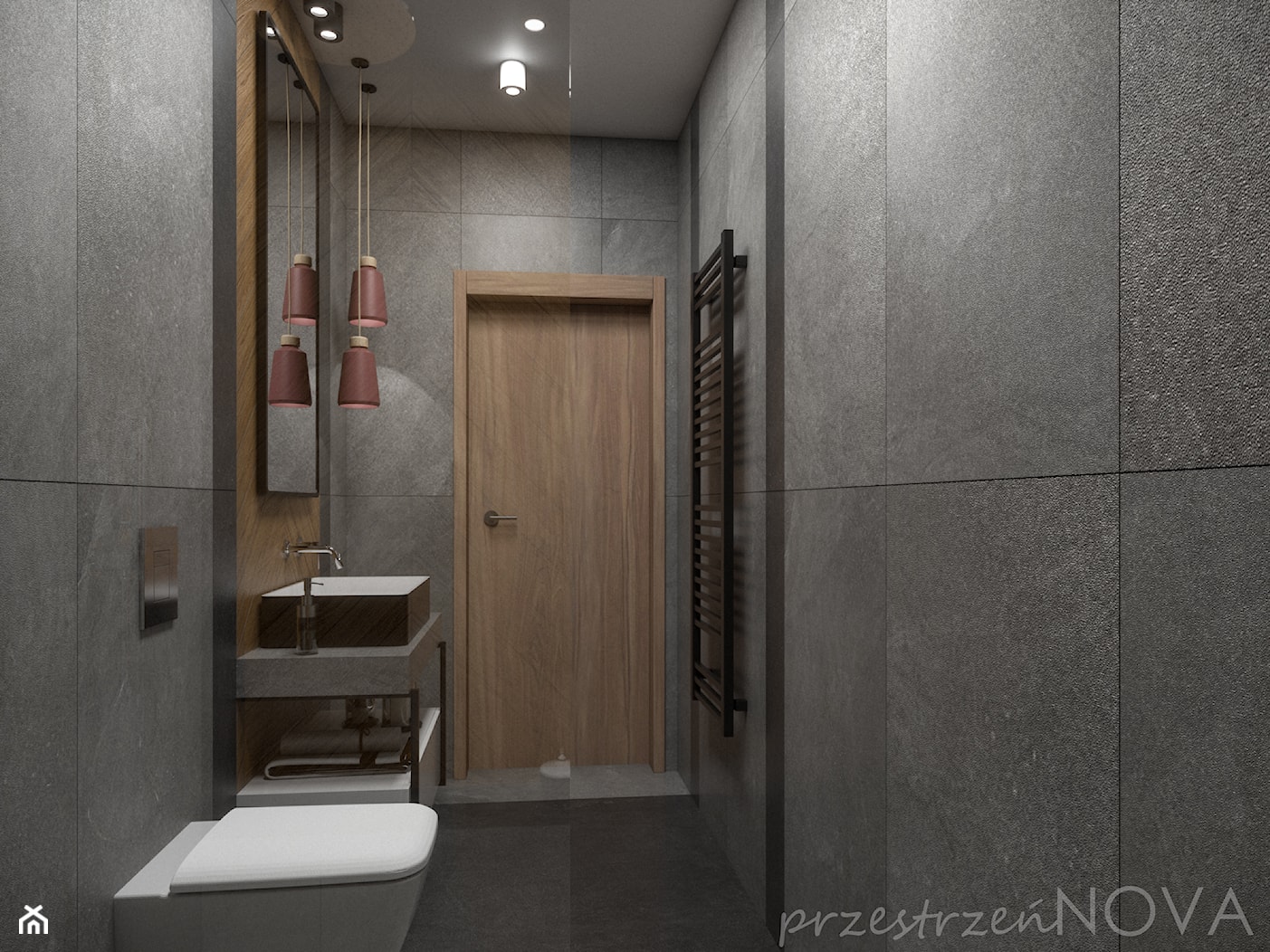 Wąska łazienka z prysznicem walk-in - Średnia bez okna z lustrem z punktowym oświetleniem łazienka, styl industrialny - zdjęcie od przestrzeńNOVA - Homebook