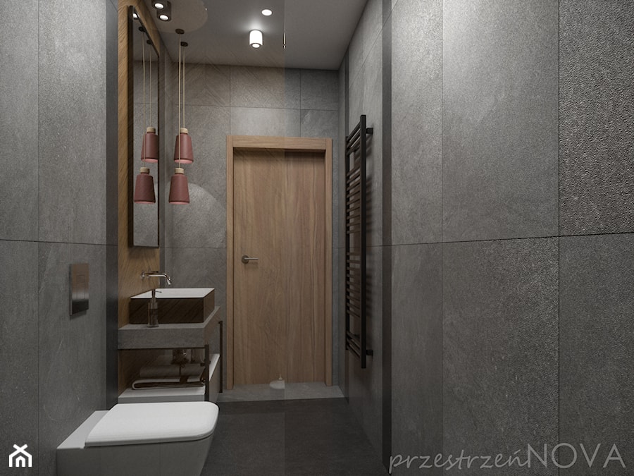 Wąska łazienka z prysznicem walk-in - Średnia bez okna z lustrem z punktowym oświetleniem łazienka, styl industrialny - zdjęcie od przestrzeńNOVA