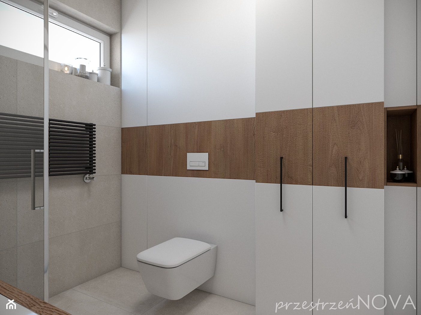 Mała łazienka z prysznicem -beż, biel oraz czarne akcenty - Mała łazienka z oknem, styl skandynawski - zdjęcie od przestrzeńNOVA - Homebook