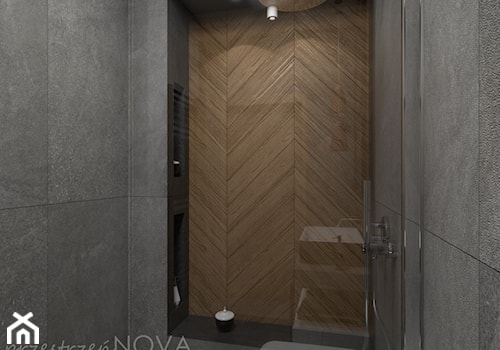 Wąska łazienka z prysznicem walk-in - Mała bez okna z punktowym oświetleniem łazienka, styl industrialny - zdjęcie od przestrzeńNOVA