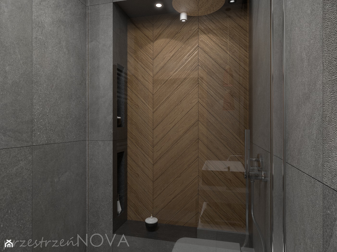 Wąska łazienka z prysznicem walk-in - Mała bez okna z punktowym oświetleniem łazienka, styl industrialny - zdjęcie od przestrzeńNOVA - Homebook