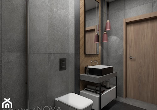 Wąska łazienka z prysznicem walk-in - Mała bez okna z lustrem łazienka, styl industrialny - zdjęcie od przestrzeńNOVA