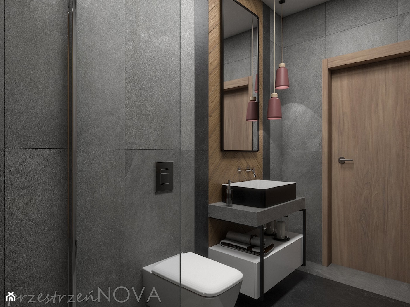 Wąska łazienka z prysznicem walk-in - Mała bez okna z lustrem łazienka, styl industrialny - zdjęcie od przestrzeńNOVA - Homebook