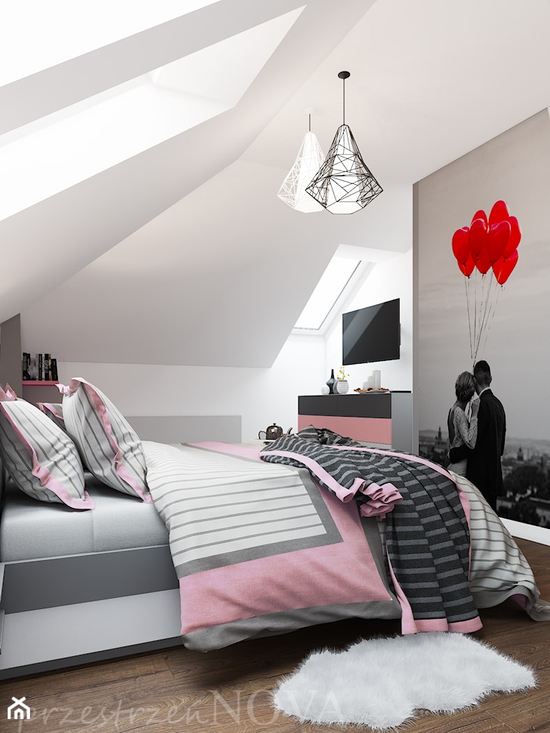 SYPIALNIA NA PODDASZU - Średnia biała szara sypialnia na poddaszu, styl nowoczesny - zdjęcie od przestrzeńNOVA - Homebook