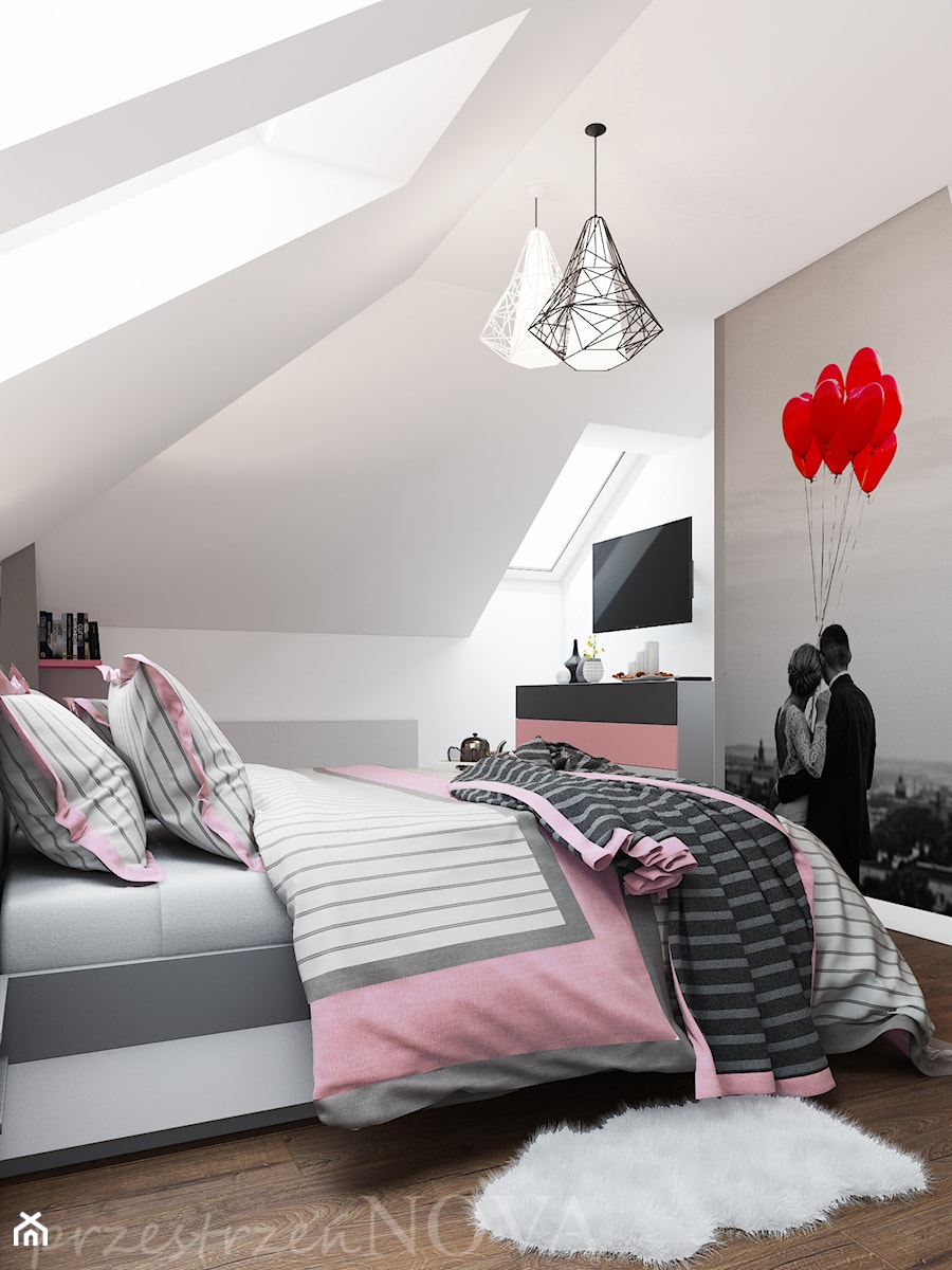 SYPIALNIA NA PODDASZU - Średnia biała szara sypialnia na poddaszu, styl nowoczesny - zdjęcie od przestrzeńNOVA