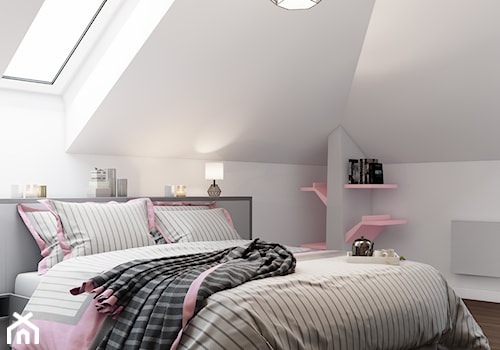 SYPIALNIA NA PODDASZU - Mała biała szara sypialnia na poddaszu, styl nowoczesny - zdjęcie od przestrzeńNOVA