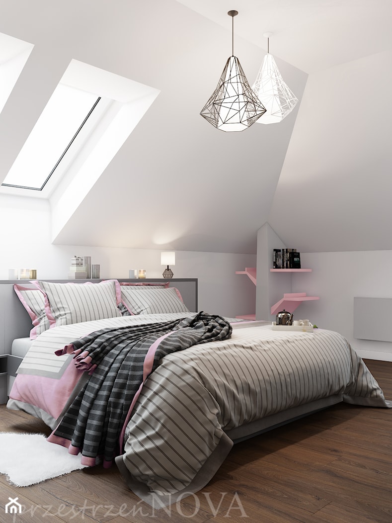 SYPIALNIA NA PODDASZU - Mała biała szara sypialnia na poddaszu, styl nowoczesny - zdjęcie od przestrzeńNOVA - Homebook
