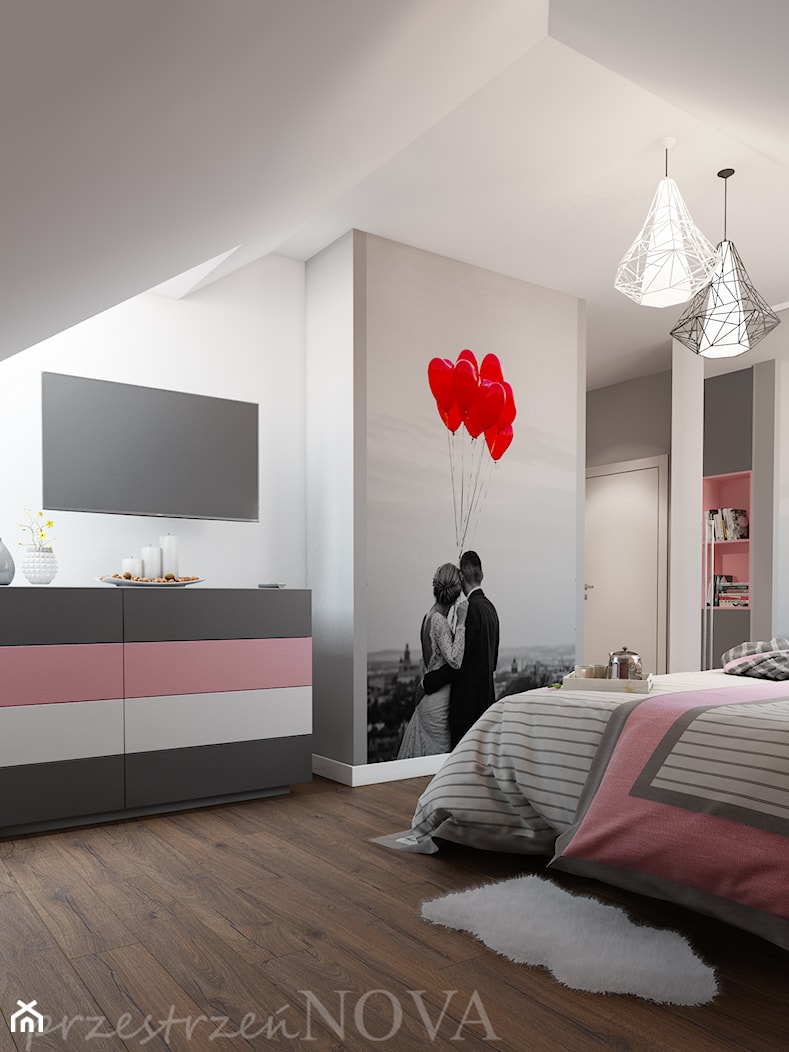 SYPIALNIA NA PODDASZU - Średnia szara sypialnia na poddaszu, styl nowoczesny - zdjęcie od przestrzeńNOVA - Homebook