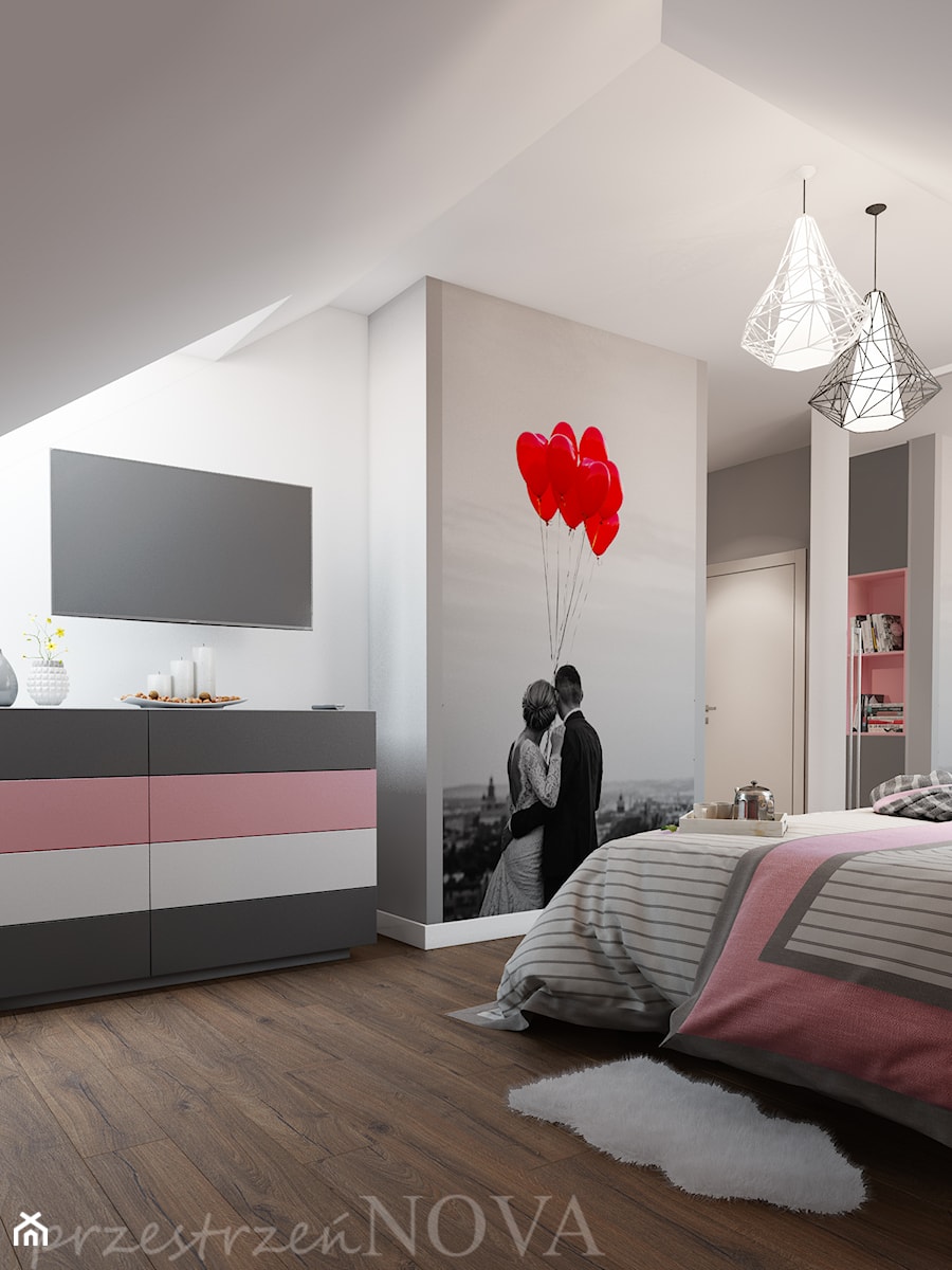 SYPIALNIA NA PODDASZU - Średnia szara sypialnia na poddaszu, styl nowoczesny - zdjęcie od przestrzeńNOVA