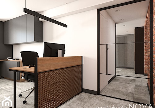 Przestrzeń biurowa firmy Repablo - Średnie w osobnym pomieszczeniu białe czarne biuro, styl industrialny - zdjęcie od przestrzeńNOVA