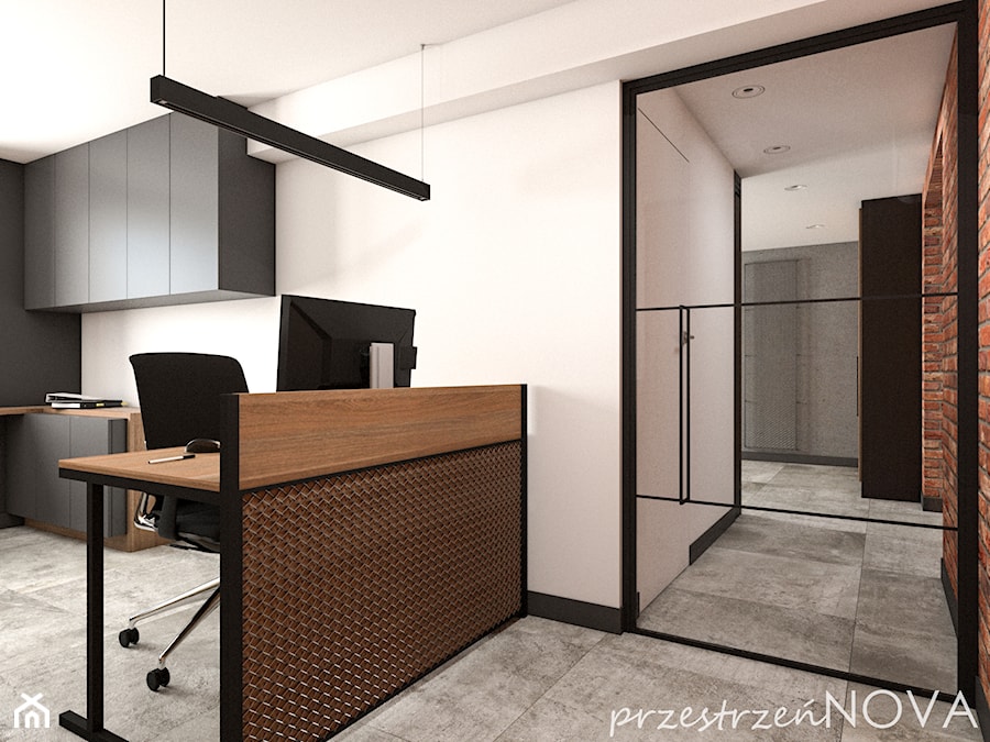 Przestrzeń biurowa firmy Repablo - Średnie w osobnym pomieszczeniu białe czarne biuro, styl industrialny - zdjęcie od przestrzeńNOVA