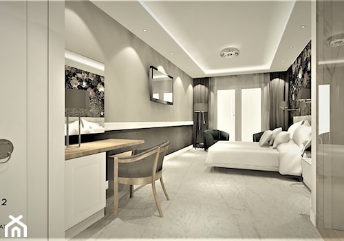 Sypialnia z kwiatami - Duża biała szara z biurkiem sypialnia z balkonem / tarasem, styl glamour - zdjęcie od WKWADRAT - PRACOWNIA ARANŻACJI WNĘTRZ
