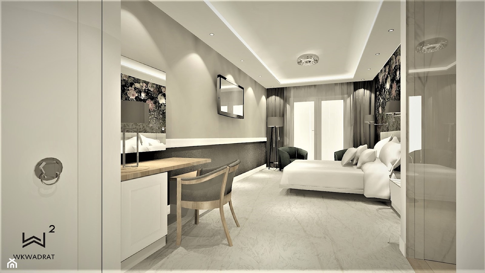 Sypialnia z kwiatami - Duża biała szara z biurkiem sypialnia z balkonem / tarasem, styl glamour - zdjęcie od WKWADRAT - PRACOWNIA ARANŻACJI WNĘTRZ - Homebook