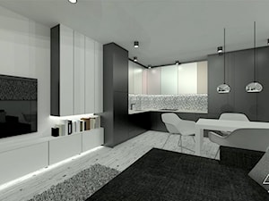 Projekt kuchni z częścią dzienną w mieszkaniu 53m2 - Mały szary salon z kuchnią z jadalnią, styl nowoczesny - zdjęcie od WKWADRAT - PRACOWNIA ARANŻACJI WNĘTRZ