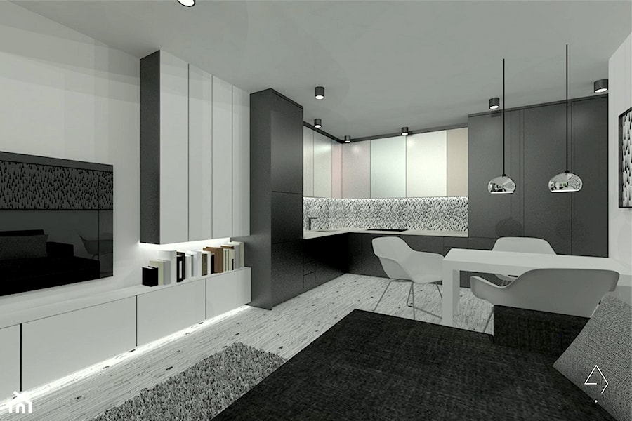 Projekt kuchni z częścią dzienną w mieszkaniu 53m2 - Mały szary salon z kuchnią z jadalnią, styl nowoczesny - zdjęcie od WKWADRAT - PRACOWNIA ARANŻACJI WNĘTRZ