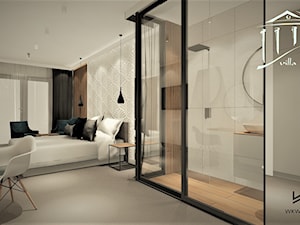 Sypialnia nowoczesna - Duża szara sypialnia z łazienką, styl industrialny - zdjęcie od WKWADRAT - PRACOWNIA ARANŻACJI WNĘTRZ