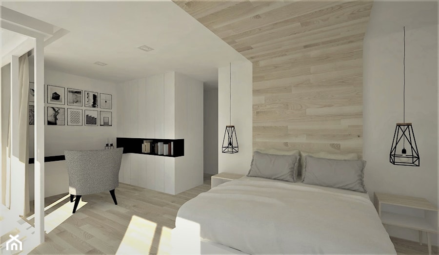 Sypialnia Jasna z garderobą - Średnia biała z biurkiem sypialnia, styl nowoczesny - zdjęcie od WKWADRAT - PRACOWNIA ARANŻACJI WNĘTRZ